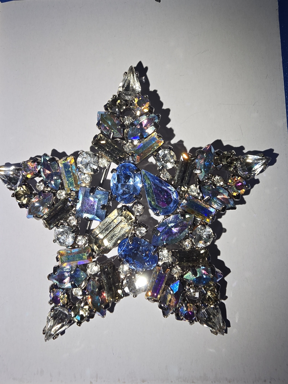 Starburst Crystal Brooch in Blue and Iridescent Tones